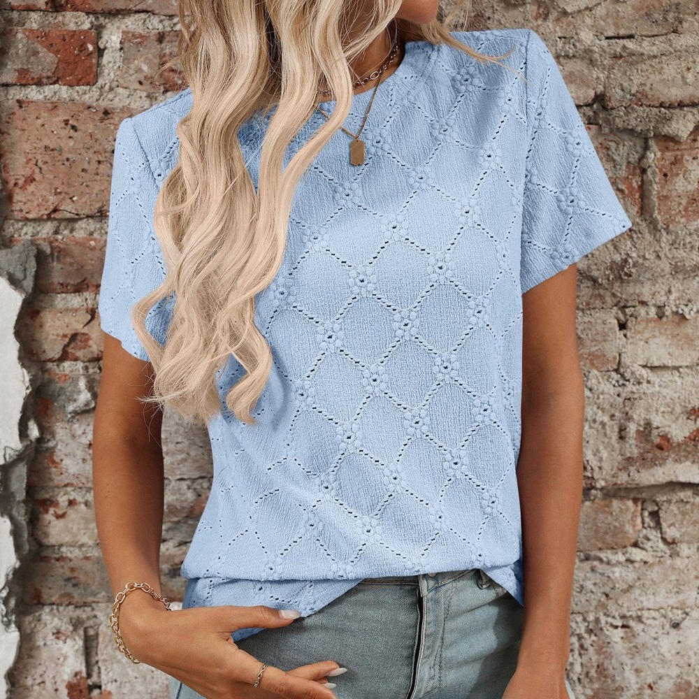Sky Blue Short Sleeve Eyelet Knit Tee